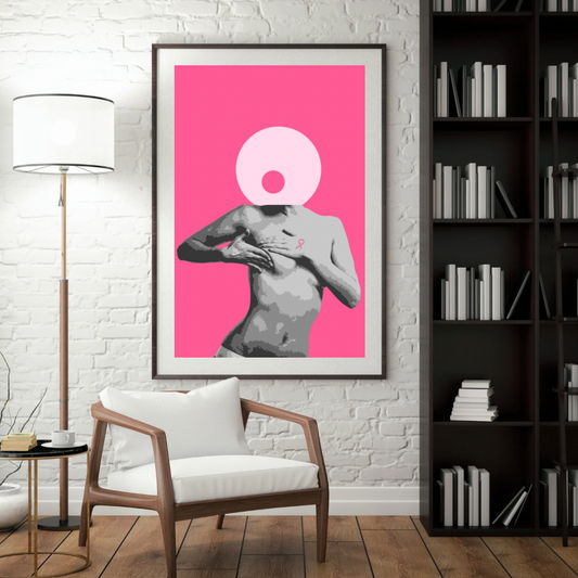 A framed image of a woman in pink and white, representing breast cancer awareness and solidarity with survivors.
