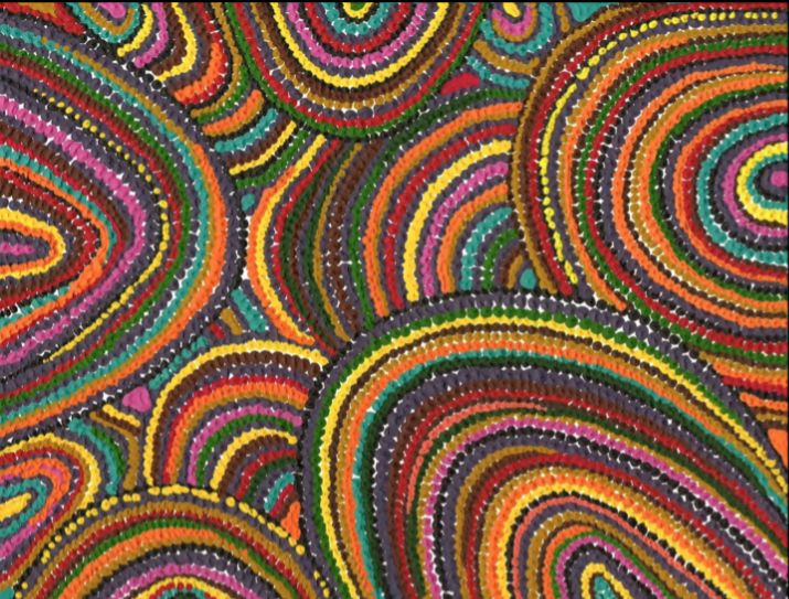 An artistic print of colorful, rainbow-hued circles on a background.