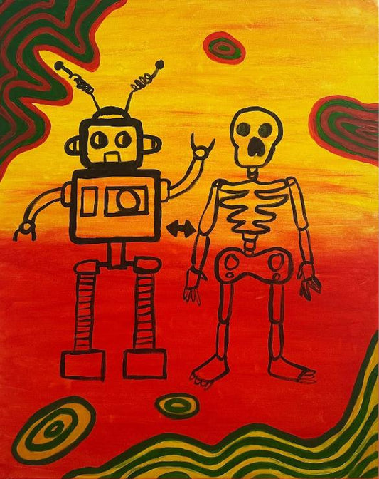 A painting of a robot and a skeleton with simple, bold outlines on a vibrant, abstract red and yellow background with green swirls.