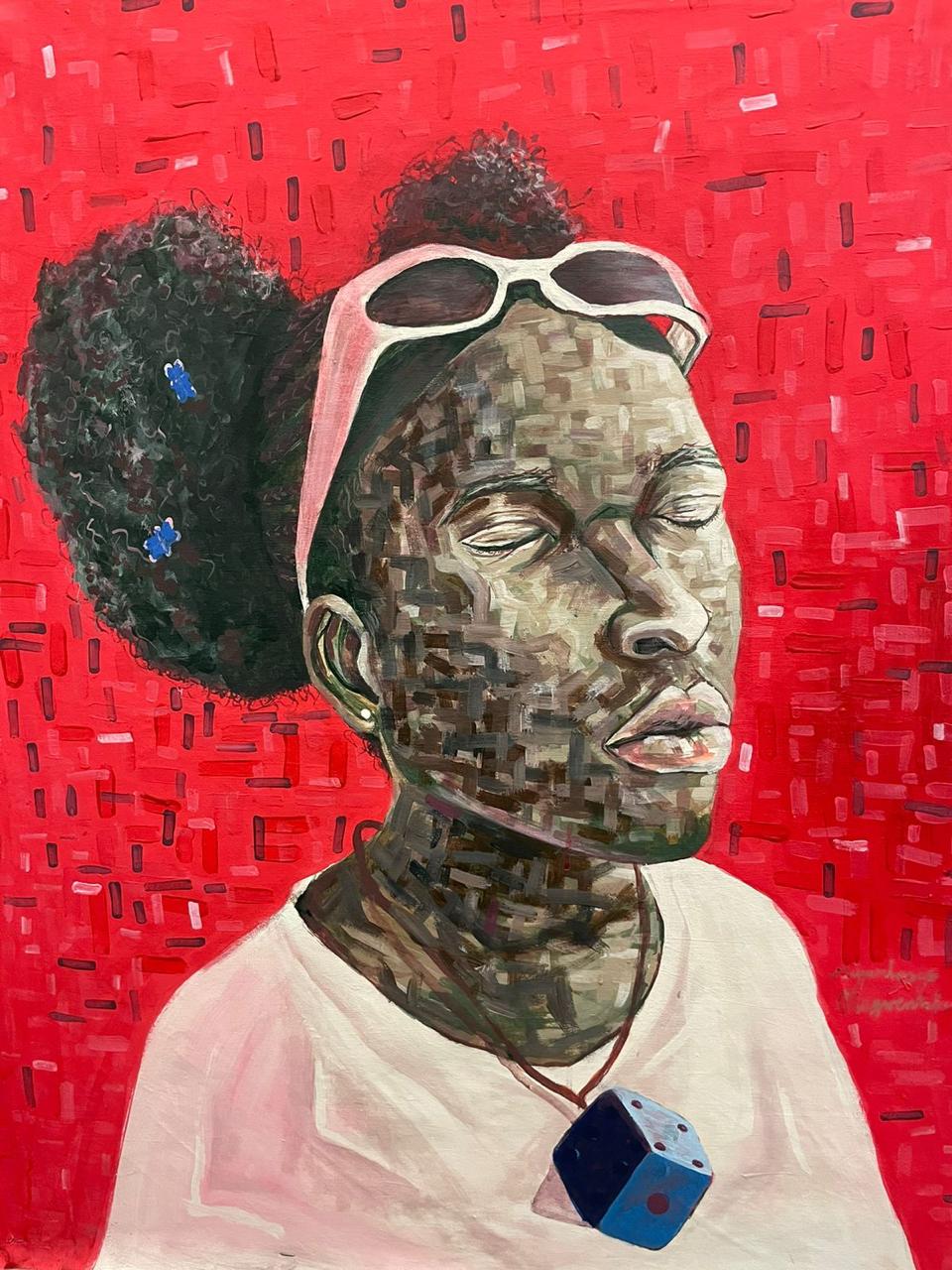 On a red canvas is a woman, her eyes closed with sunglasses on her head, and a diced pendant against a red background symbolizing uncertainty and calm.