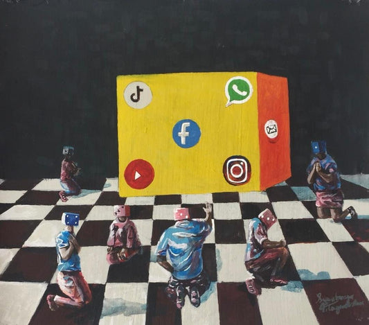 A painting of checkers players with dice heads, accompanied by yellow cube showcasing social media icons, highlighting the intersection of emotion and digital life.